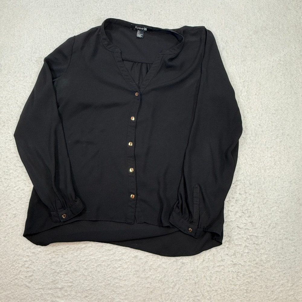 Forever 21 Womens Large Black V-Neck Button Front Long Sleeve Blouse Top